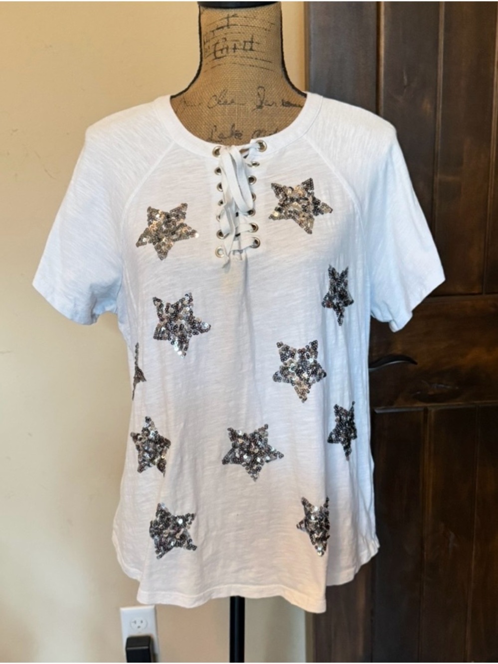 INC International Concepts White Sequin Star Lace-Up Short Sleeve Top